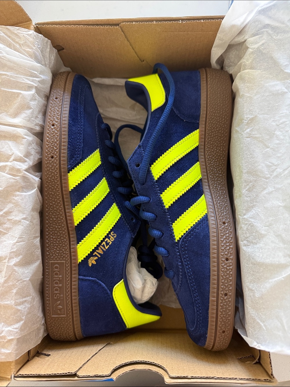 adidas Handball Spezial- Navy Suede with Neon Yellow Stripes